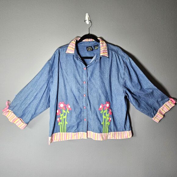 Lighthouse Apparel Womens Floral Denim Button Up Shirt XL - Picture 1 of 12